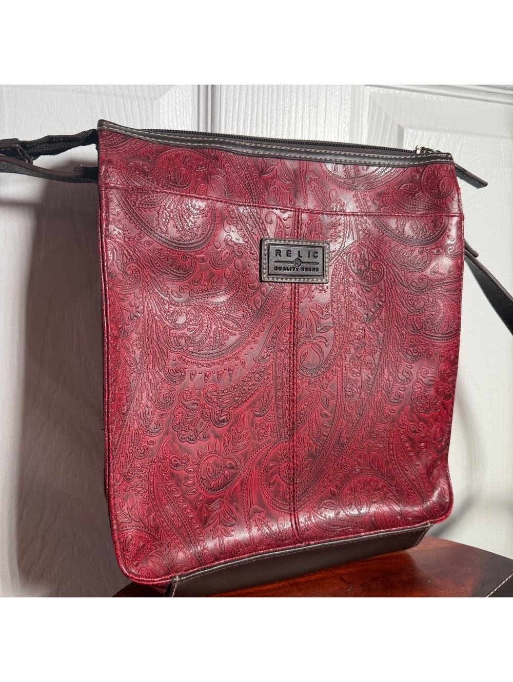 Red Paisley Embossed Crossbody Bag Boho Western Man Made Leather Shoulder Purse